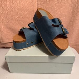 Denim Blue Platform Sandals with Buckle Detail